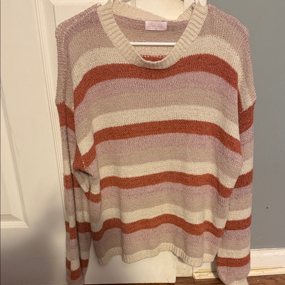 Pink Lily Cozy Striped Sweater in Pink and Orange